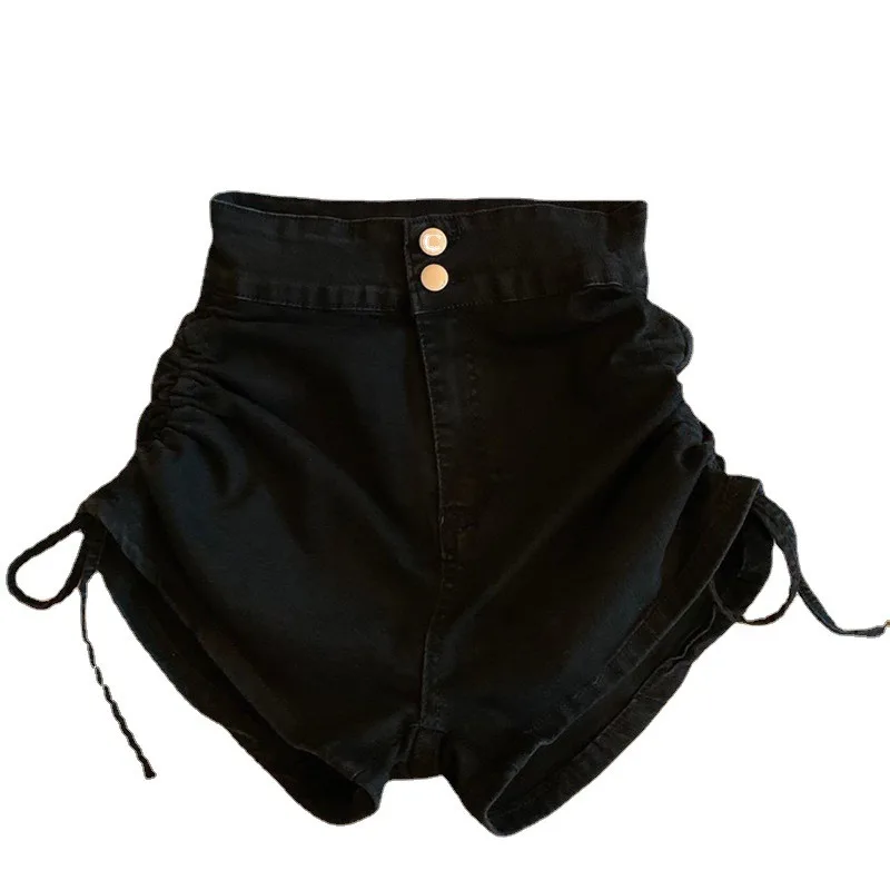 

Double Buckle Stretch Design Pleated Drawstring Denim Shorts Women's Summer Thin High-waisted Look Slim Everything Hot Pants