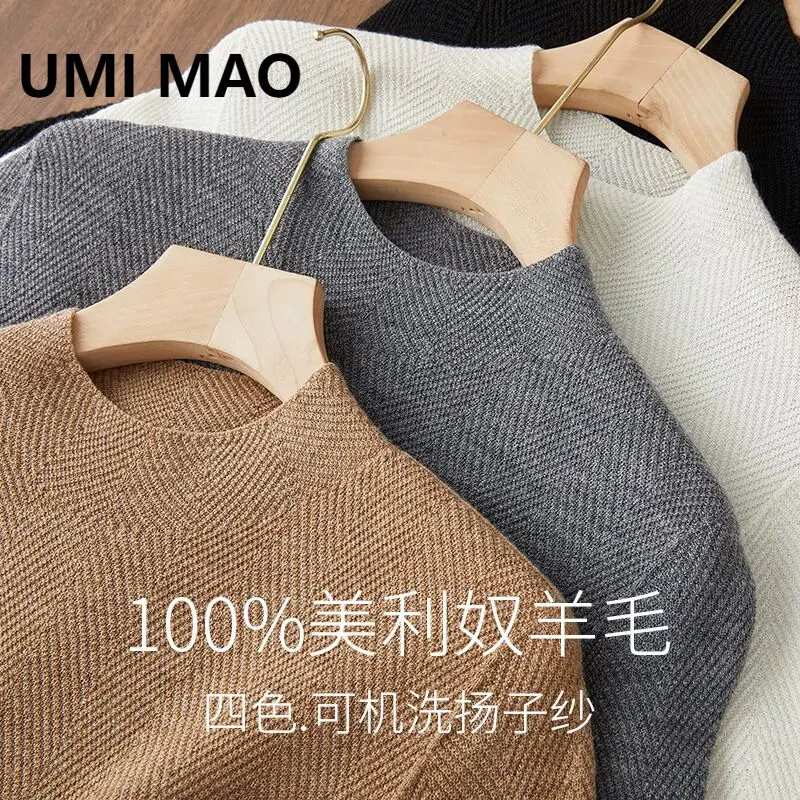 

UMI MAO, топы из 100% шерсти, текстурированная полуводолазка с рисунком «елочка», вязаный пуловер с длинными рукавами, свитер, женский осенне-зимний новый