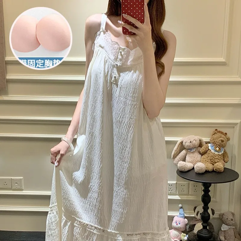 

Princess Style Nightdress with Chest Pad Women's Summer Korean Sweet Lace Suspender Pajamas Dress Loungewear Can Be Worn Outside