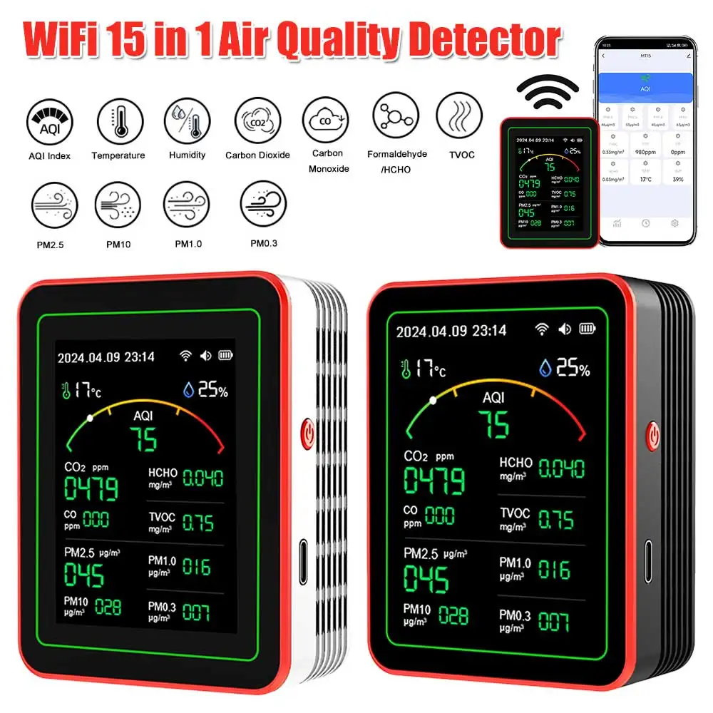 WiFi 15 in 1 Air Quality Detector AQI PM0.3 PM1.0 PM2.5 PM10 Tester TFT Display APP Control Temperature Humidity Meter