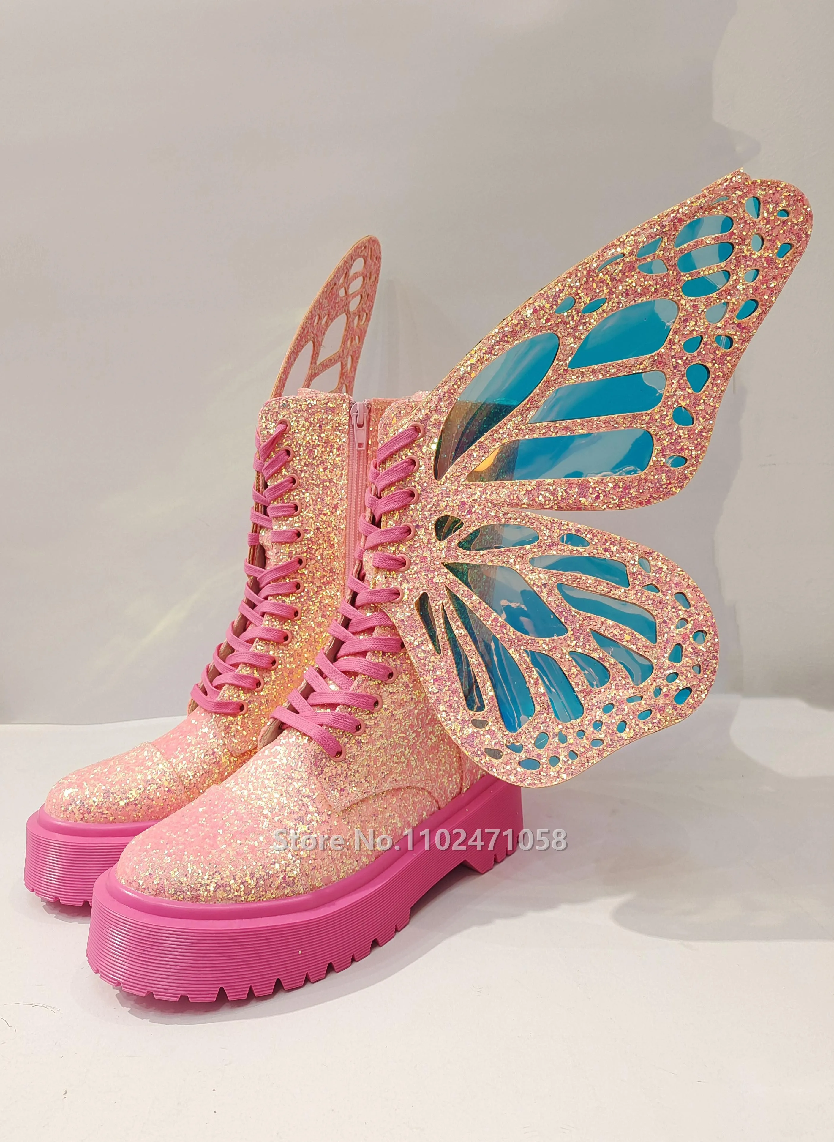 Pink Short Boots with Thick Bottom for Women, Butterfly Wing, Lace-Up, Mid-Calf, Chunky Bottom, Bling,Summer ,Fashion Design