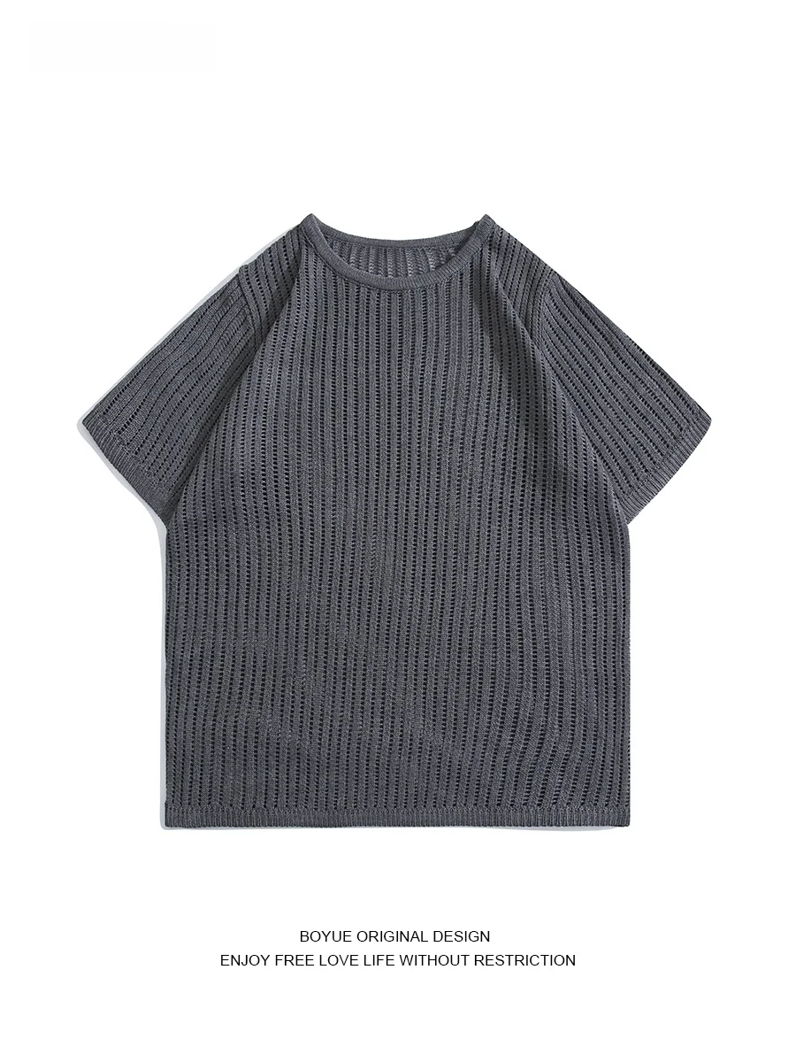 

BOYUE Knitted Hollow out ort Sve T-irt Casual Loose Fit ex Pure Color Vintage Sle Youth Faion Summer Top
