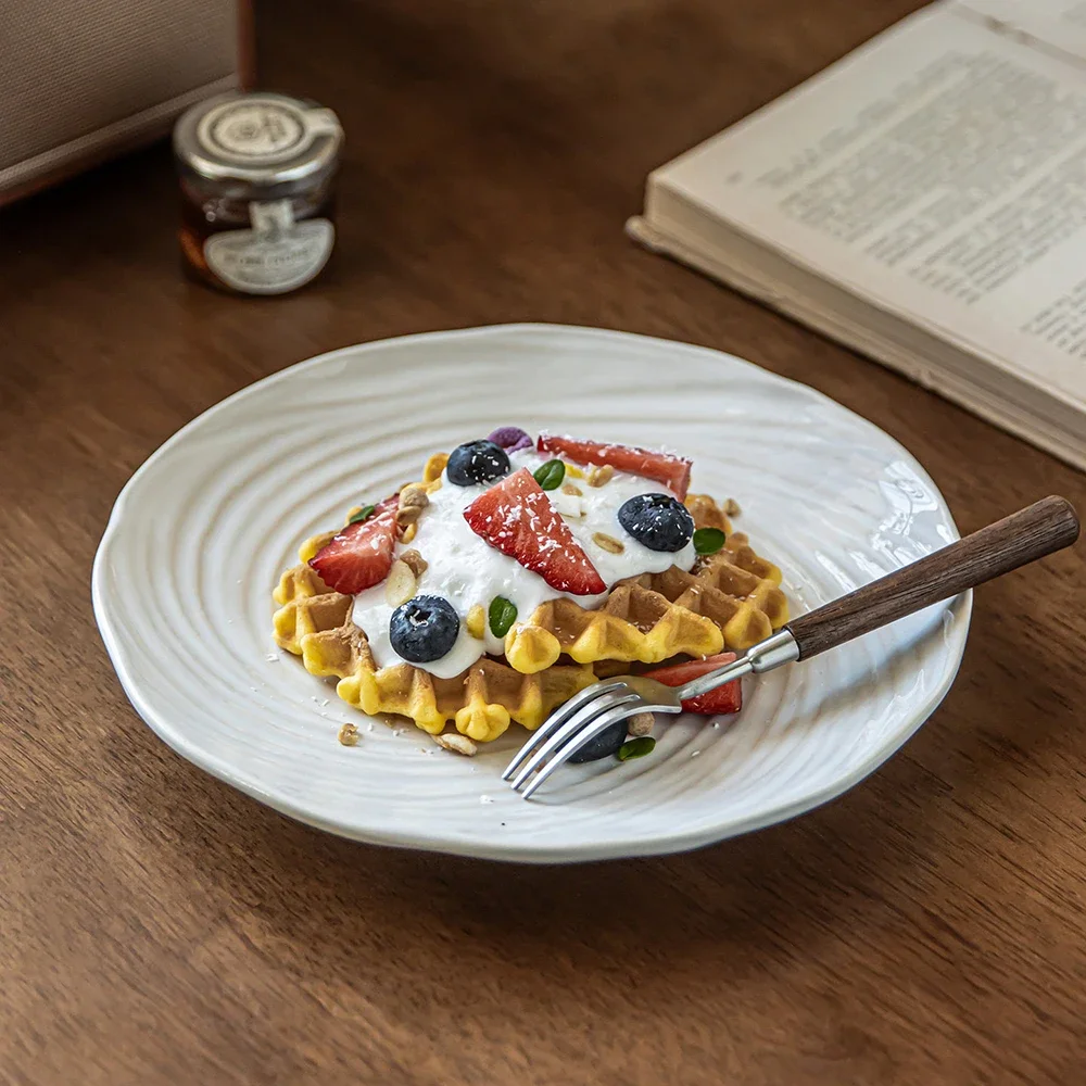 Ceramic Threaded Flat Plate Creative European Style Solid Color Retro Home Tableware Dessert Cake Plates Snacks Fruit Dish