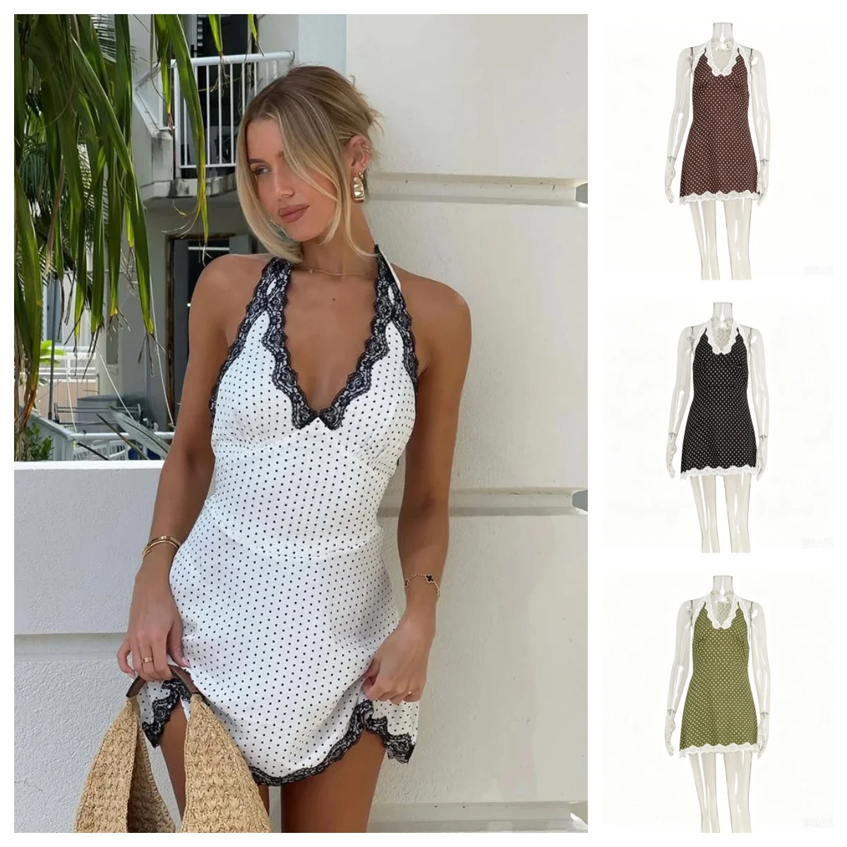 Y2K Polka Dot Mini A-Linien-Kleider für Damen, modisch, sexy, Streetwear, Neckholder, V-Ausschnitt, rückenfrei, ärmellos, Strandroben, schmales Kleid