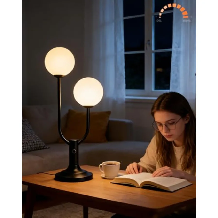 

Globe Table Lamp for Bedroom Mid Century Modern Black Small Desk Lamp Dimmable 3000K Warmwhite Nightstands Lamp Bedside Table L