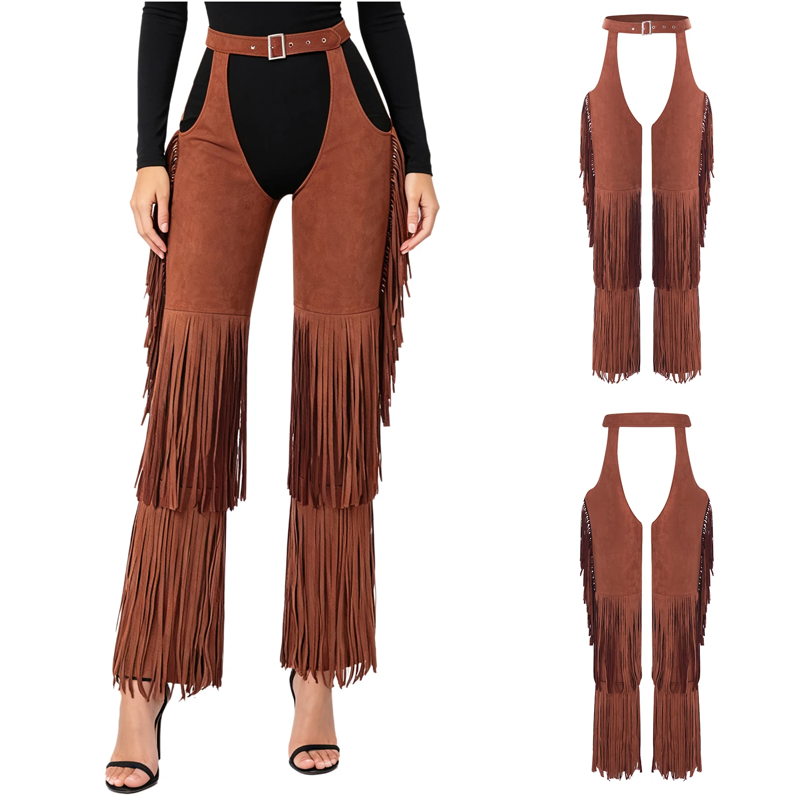 Womens Equestrian Show Fringed Pants Adjustable Waist Tiered Tassel Chaps Wide Legs Cowgirl Pants for Trick Riding Rave Party