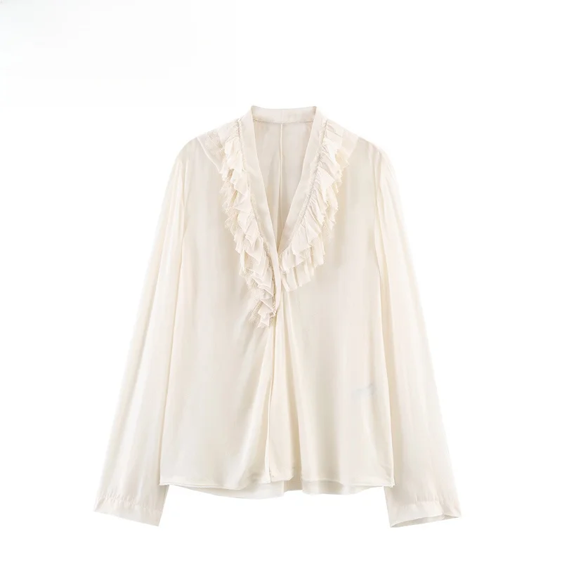 Fashionable Women's Shirt Draped Layered Decoration Casual Fit Breathable Polyester Long Sleeve Spring Season Skin-friendly