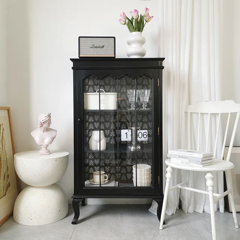 American French Country Pastoral Black Wood Glass Dining Room Living Room Entrance Display Locker Side Cabinet