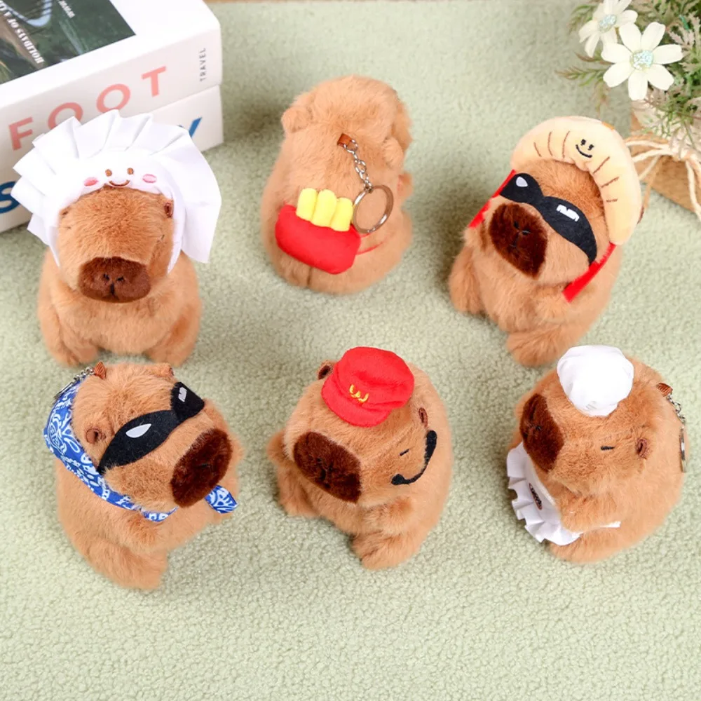 Brown Doll Plush Capybara Key Ring Cross Dressing Funny Plush Capybara Pendant Food Fur Cartoon Animal Keychain Gift