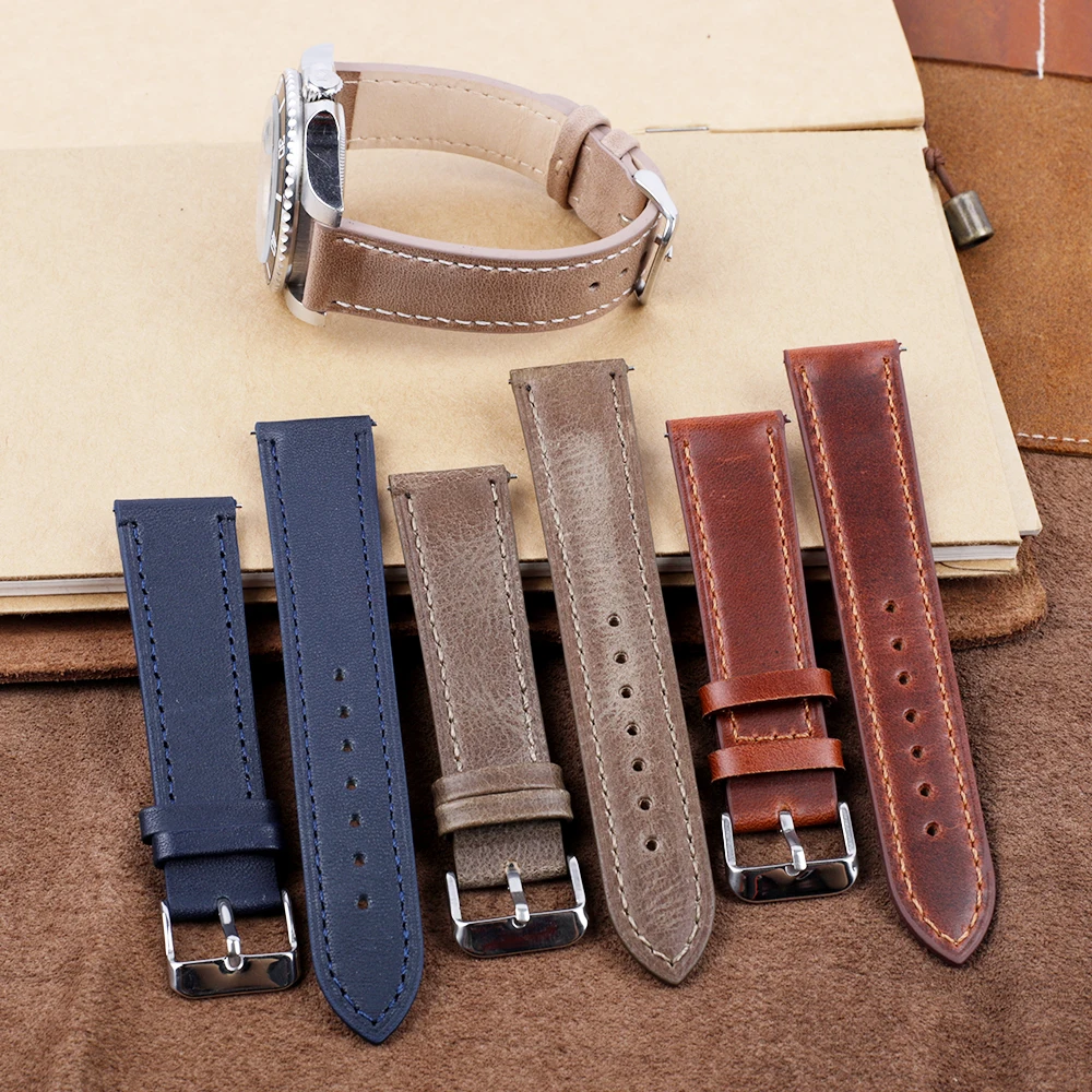 Retro Watch Strap 18mm 19mm 20mm 22mm 24mm High Quality Leather Watchbands Gray Brown Blue for Men Watch Accessories