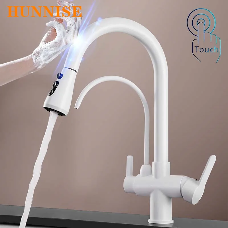 White Touch Filter Kitchen Faucets 360 Rotation Hot Cold Brass Kitchen Sink Mixer Tap Smart Sensor Touch Pull Out Kitchen Faucet