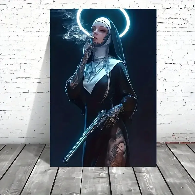 Lukisan Kanvas Cetak Biarawati Pistol Gelap - Dekorasi dinding rumah, cocok untuk rumah, kantor, bar, pesta