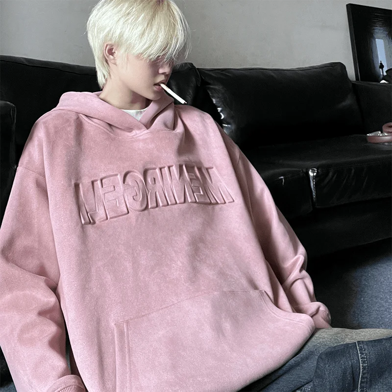 American retro steel stamped letter suede sweatshirt men spring and autumn oversize national fashion high street couple hooded