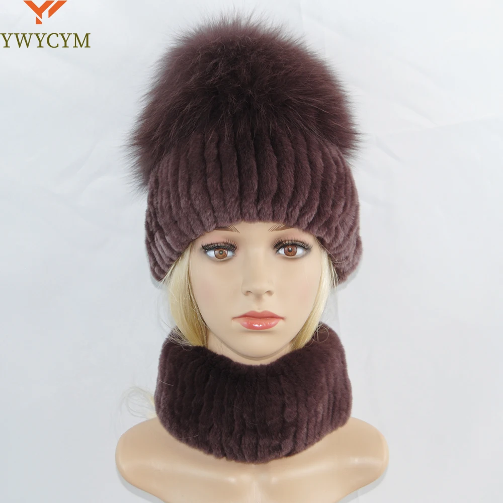 

New Women Winter Luxury Warm Top Fox Fur Hats Muffler Real Rex Rabbit Fur Hat Scarf 2 Pieces Knitted Real Rabbit Fur Cap Scarves