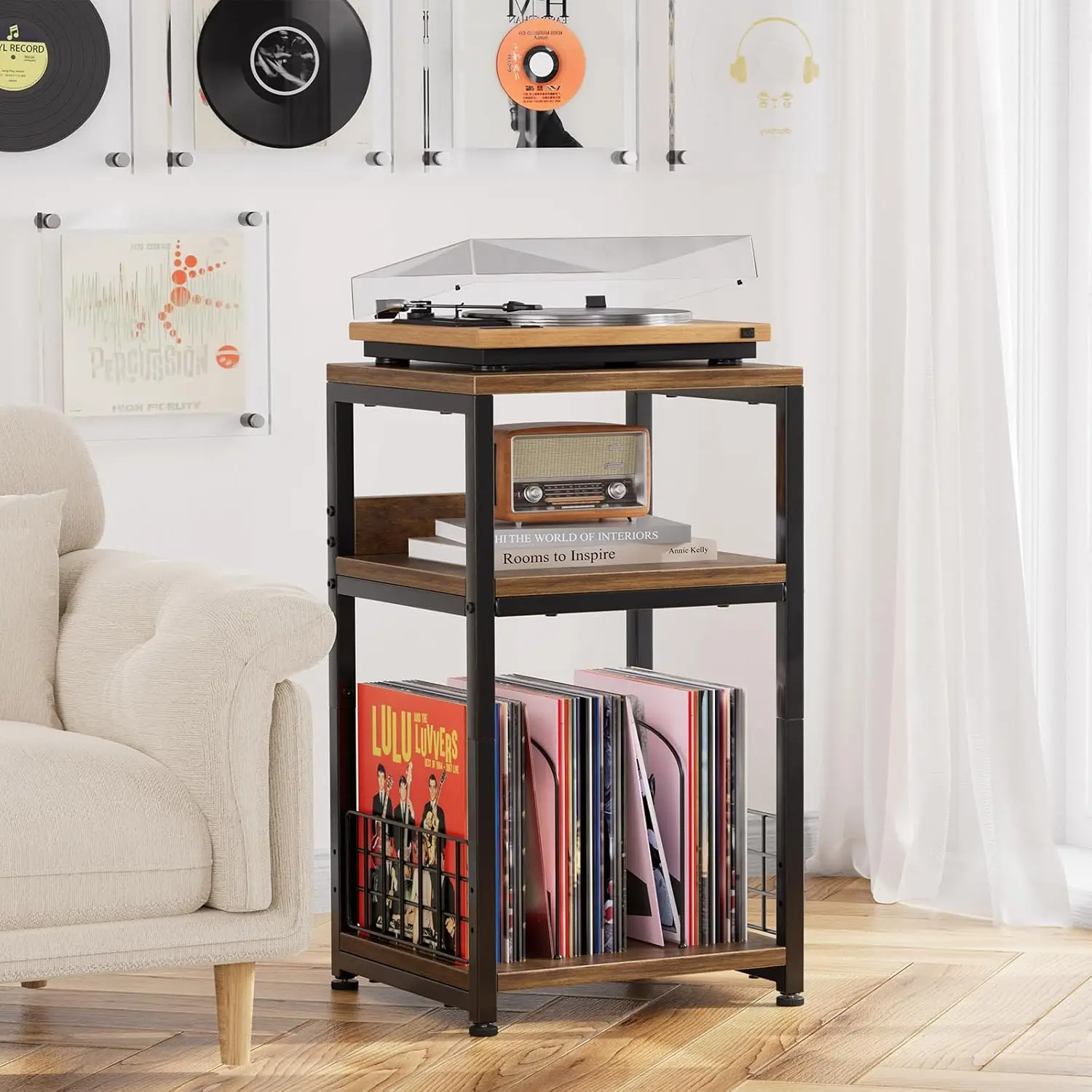 3Tier End Record Player Stand with Storage Up to 100 Albums Turntable Stand for Vinyl Living Room Bedroom Printer Tables Office