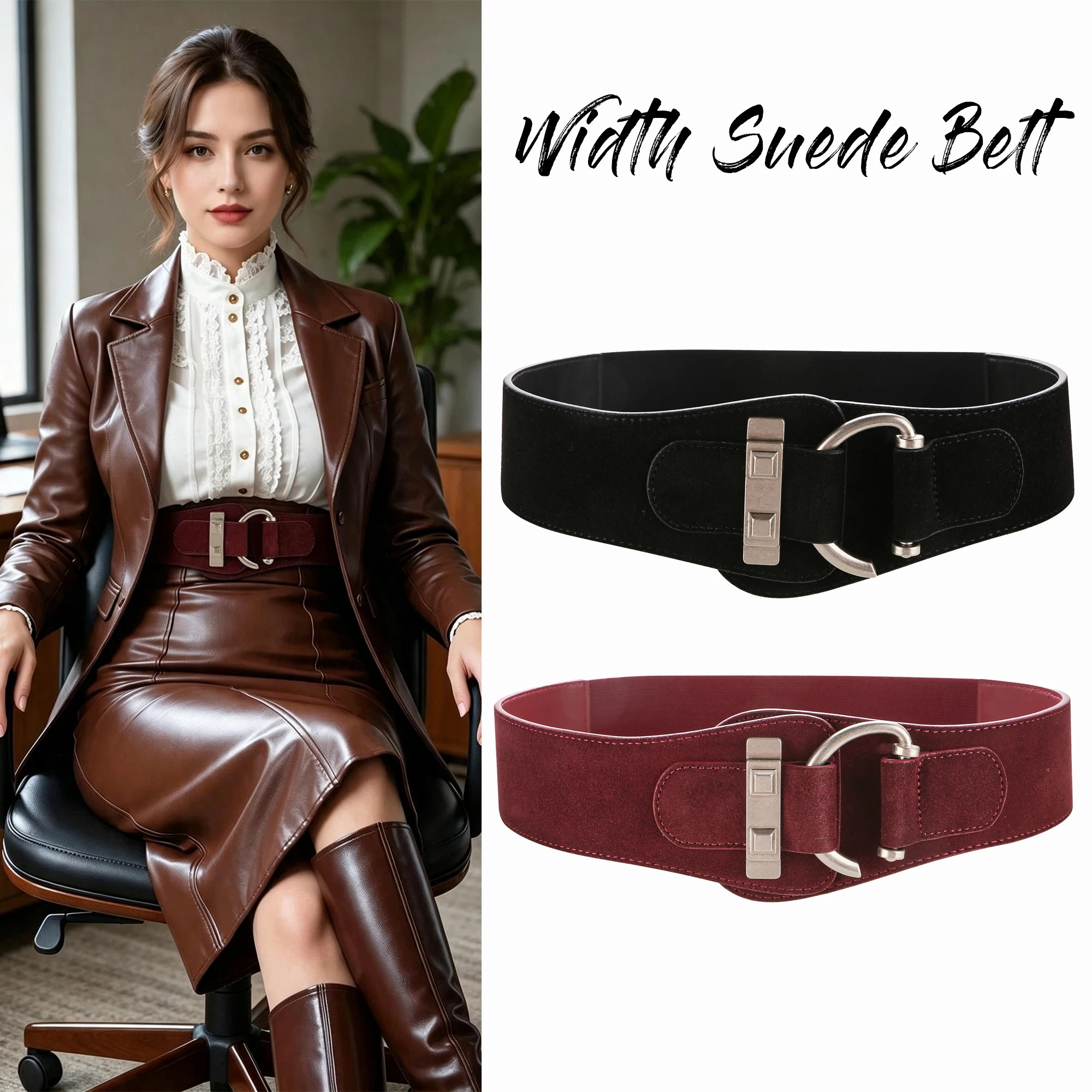 Fashion Women Wide Elastic Suede Waist Belt D‑Ring Metal Buckle Decorative Waistband For Ladies Dress Coat Outfit