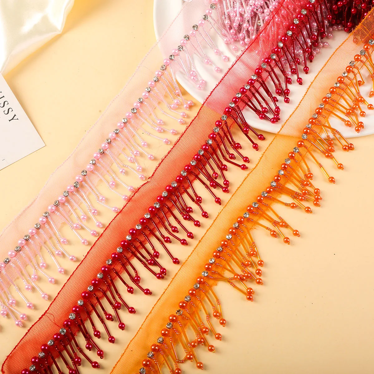 

5yards Handmade Beaded Rhinestone Pearl Studded Lace Mesh Tassel for Latin Dance Dress Trim Curtain Decoration DIY Accessories