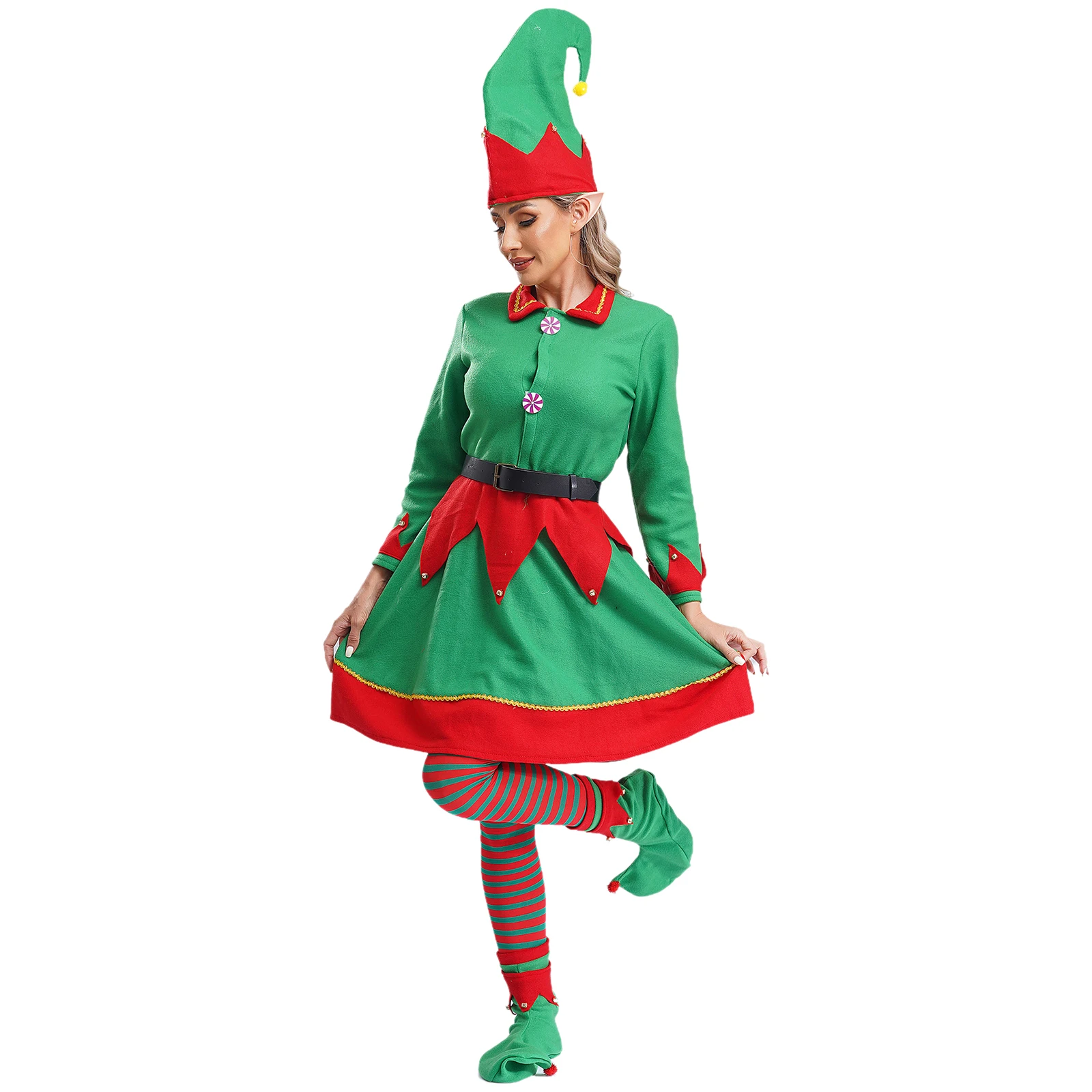 Green Christmas Tree Elf Cosplay Costume Womens Party Festival Costume Velvet Dress with Hat Elf Ears Shoes Belt And Stockings