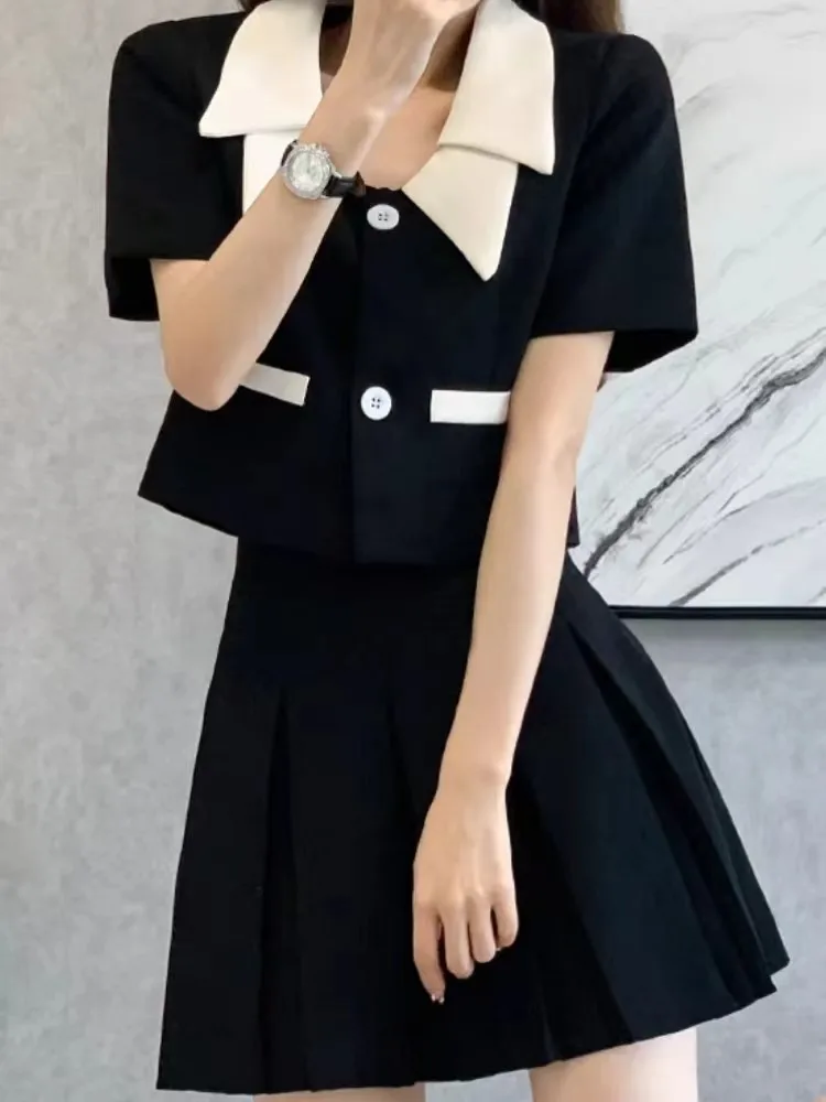 

Женский винтажный костюм с юбкой, повседневный укороченный топ А-силуэта, Однотонная юбка, комплект из двух предметов, женский наряд в стиле академии на лето