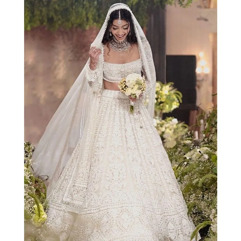 Lehenga Choli Wedding Dress Indian Pakistani Party Wear White Embroidered Decoration Lehenga