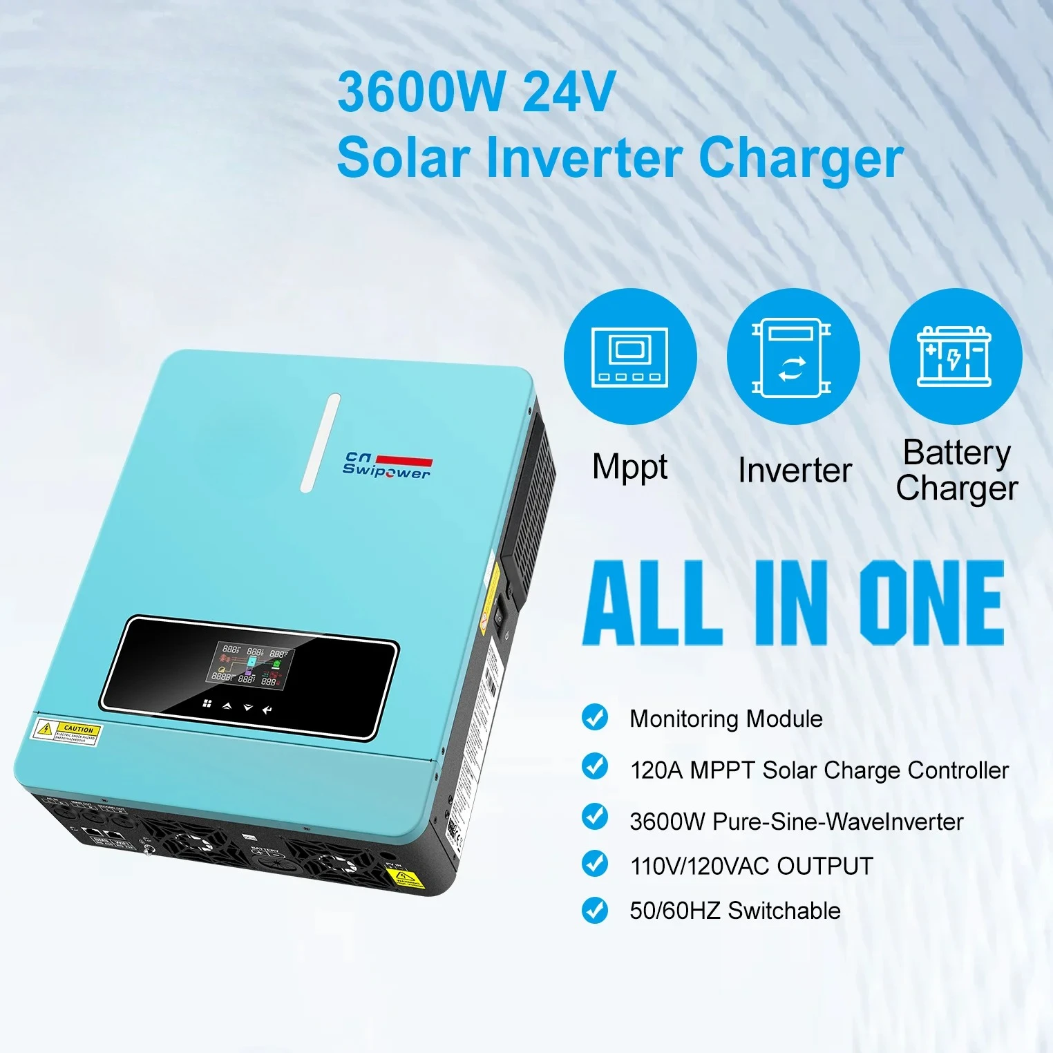 

Подходит для солнечного инвертора-зарядного устройства CNswipower 3600W 24VDC 120VAC 50HZ/60HZ, гибридного инвертора 120A MPPT с ЖК-дисплеем.