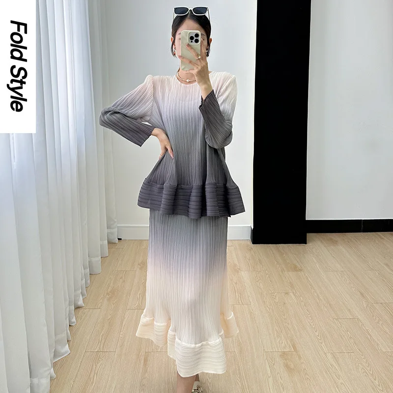 

Miyake Fashion Women's Style Set 2024 Autumn Age Reducing Gradient Pleated Edge Pleated Top+Half Skirt Pleated Two Piece Set