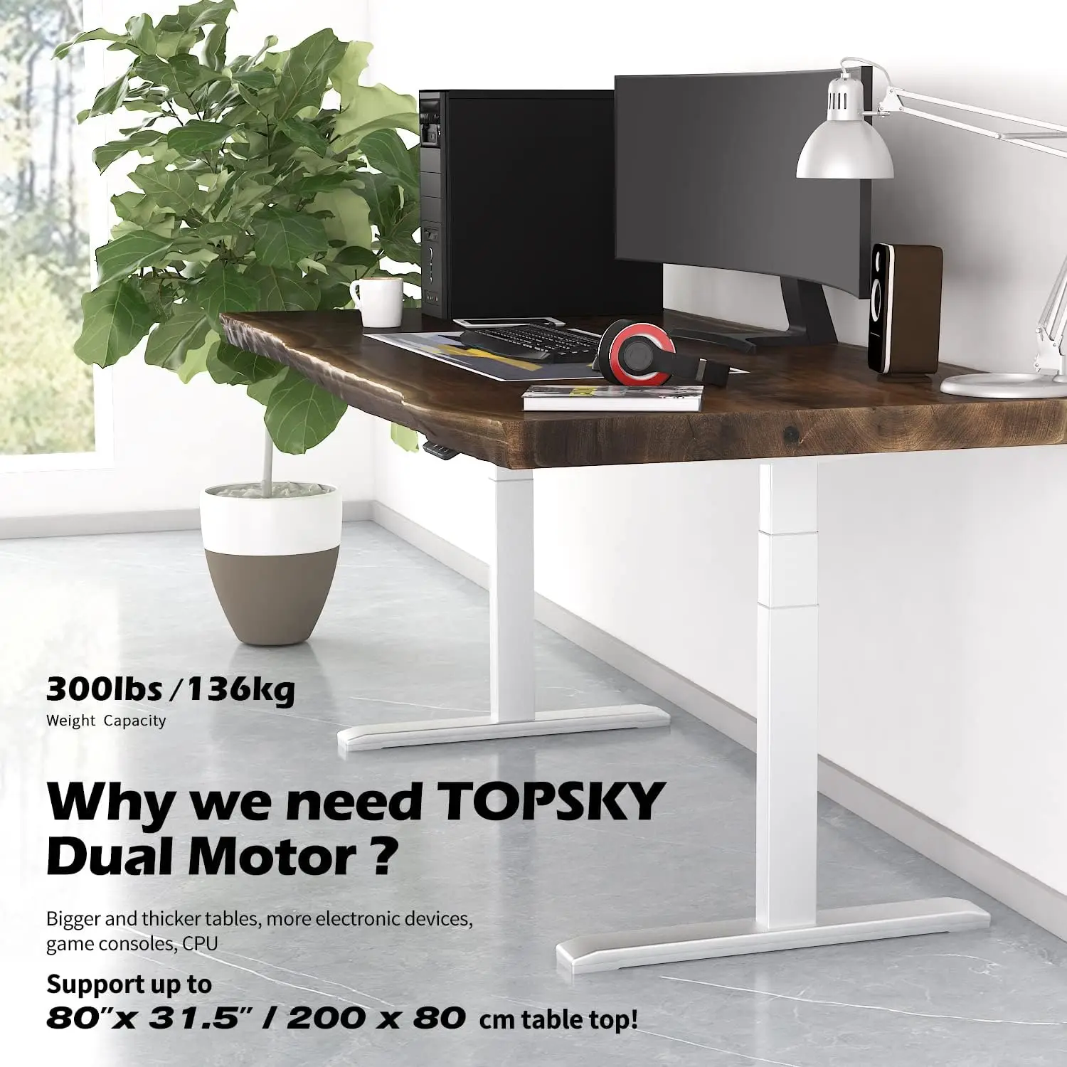 TOPSKY Dual Motor 3 Stage Electric Adjustable Standing Desk Frame Heavy Duty 300lb Load Capacity for Home Office (White Frame