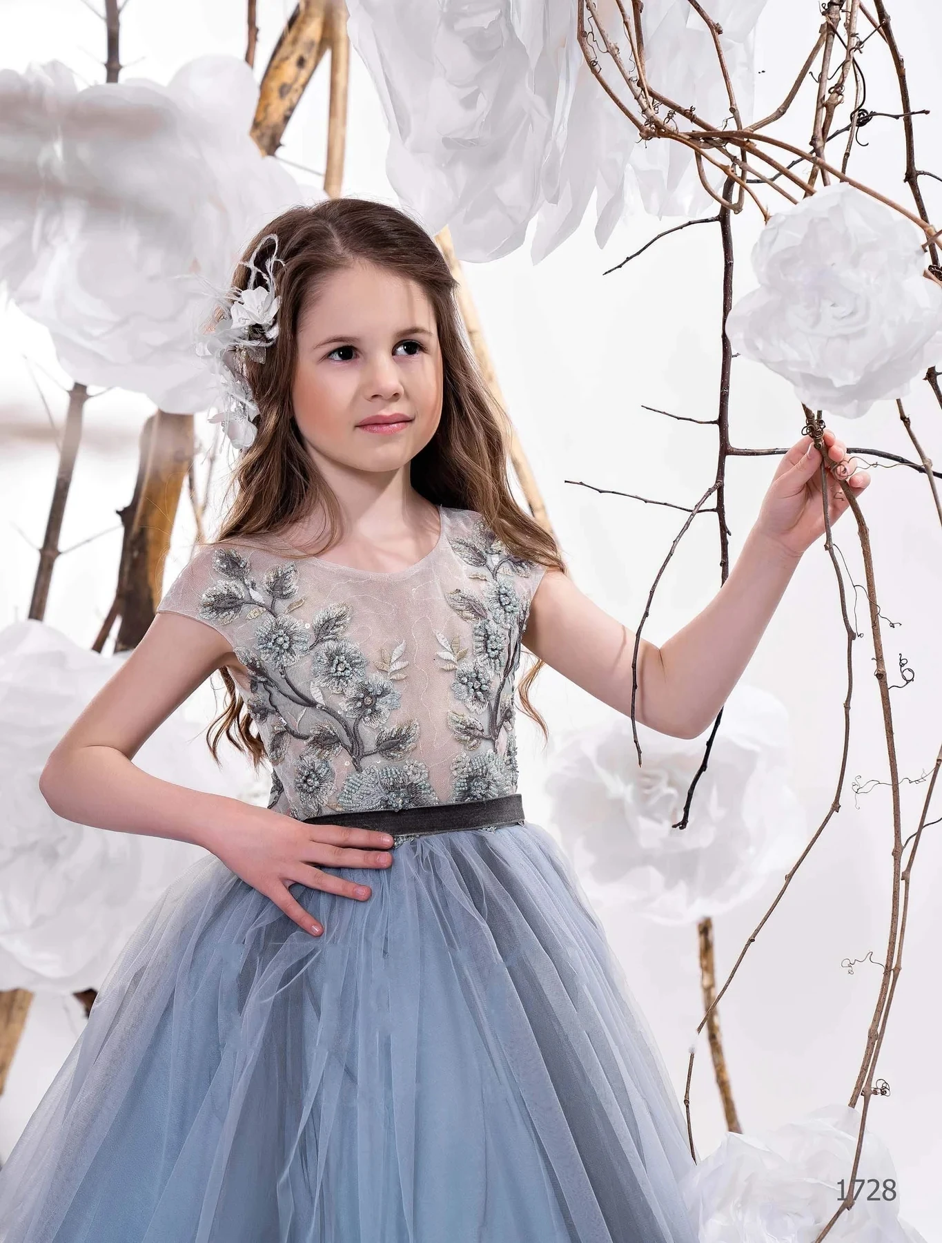 Vestidos de niña de flores azules para bodas, vestidos de desfile para niñas pequeñas, Mangas de casquillo de línea a, apliques de tul, vestidos largos para bebés