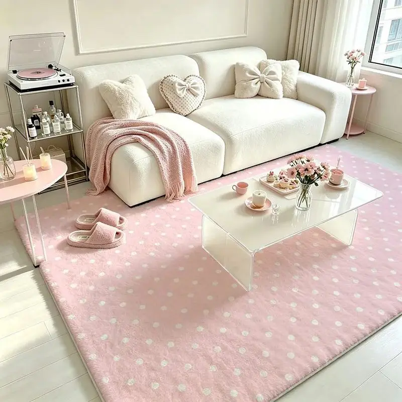 VIKAMA Polka Dot Area Rug, Cream Yellow White Dots Fluffy Carpet, Cute Living Room Floor Mat, Bedroom Accent Rug