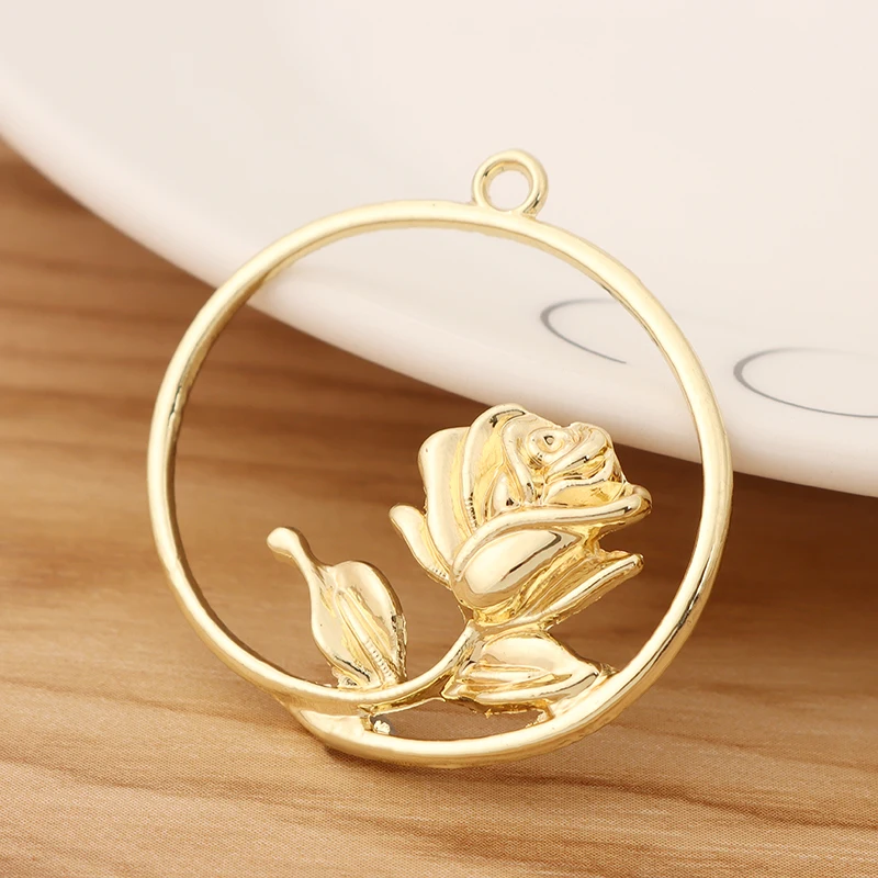 

10 Pieces Gold Color Open Rose Flower Round Fashion Jewellery Accessories Charms Pendants Diy Earrings Necklace Making For Women