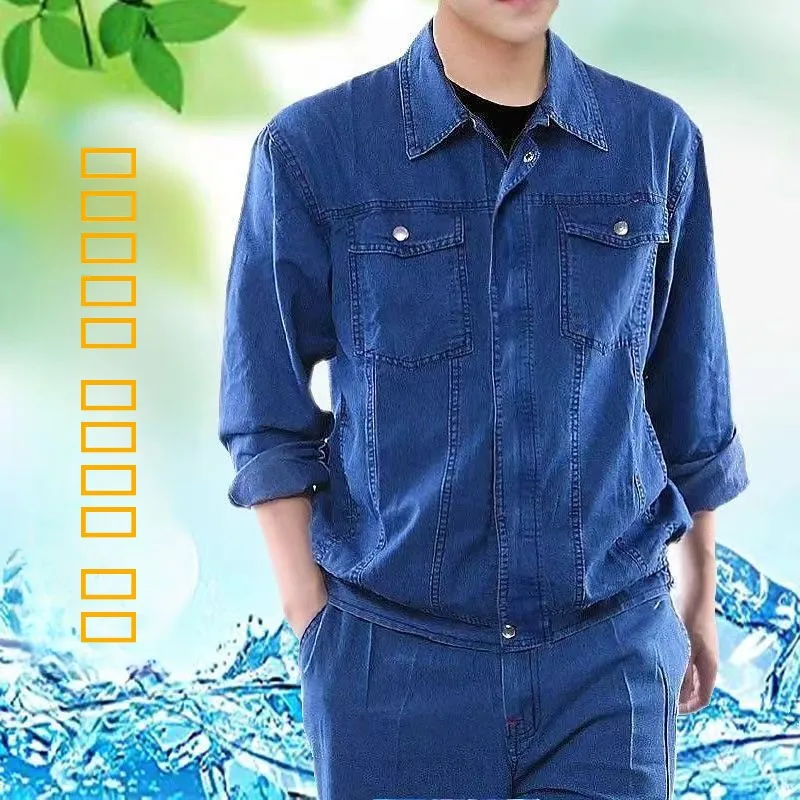 Conjunto de Trabalho em Denim Leve para o Verão para Homens, Manga Longa, Respirável, Resistente ao Calor e ao Desgaste, Ideal para Soldagem e Reparos Automotivos