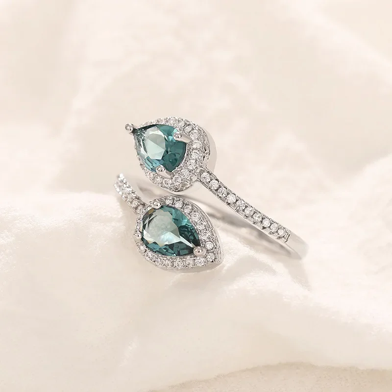 Classic Female Rings 925 Sterling Silver Water Droplet Blue Zircon Adjustable Rings for Women Promise Love Wedding Jewelry