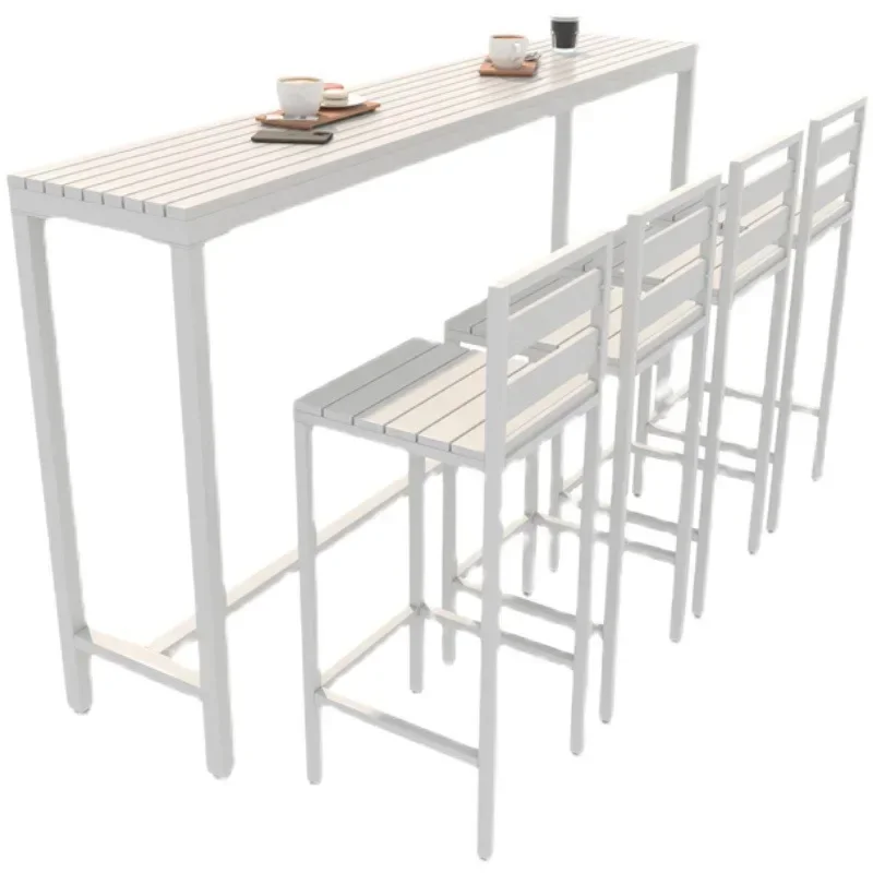Outdoor plastic wood anti-corrosion high table and chair combination courtyard balcony against the wall long dining table and ch