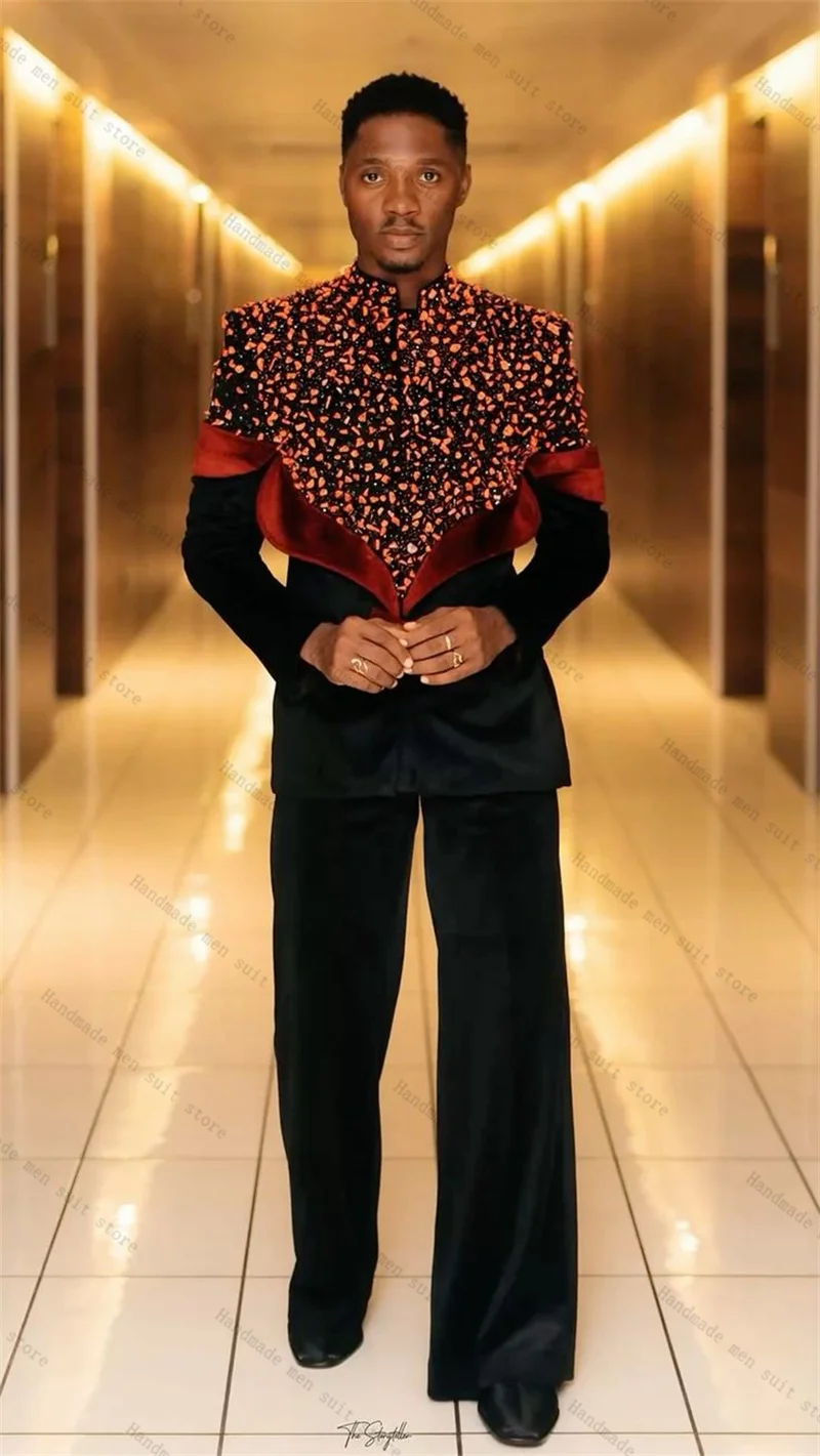 

Red Black Men Suits 2 Piece Blazer+Pants Luxury Stone Crystals Wedding Tuxedo Coat Customized Formal Office Jacket Trousers