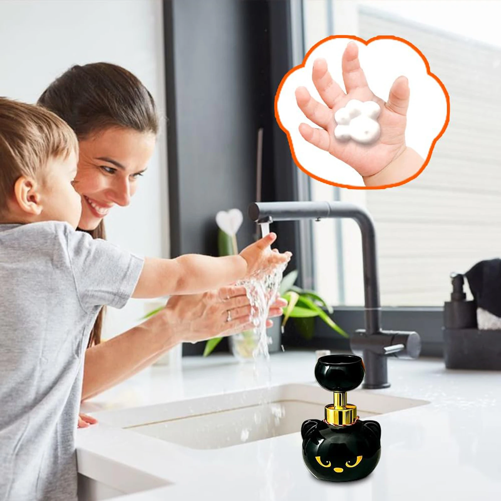 لطيف القط باو رغوة موزع الصابون القط الأسود رغوة زجاجة مضخة القط باو طباعة موزع الصابون للحمام مكتب المطبخ