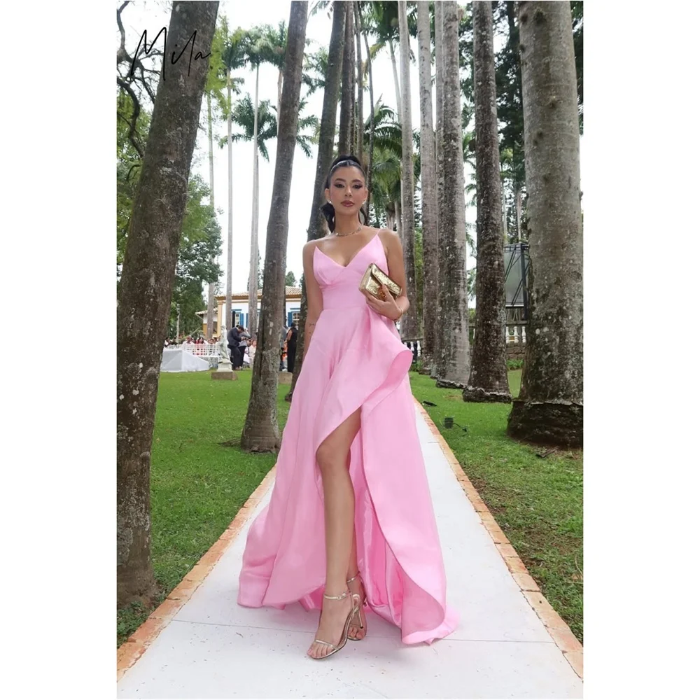 

Mila Pink V-Neck Customized Party Dresses Sleeveless Spaghetti Strap Prom Dresses Chic Floor-Length Asymmetrical Evening Dresses