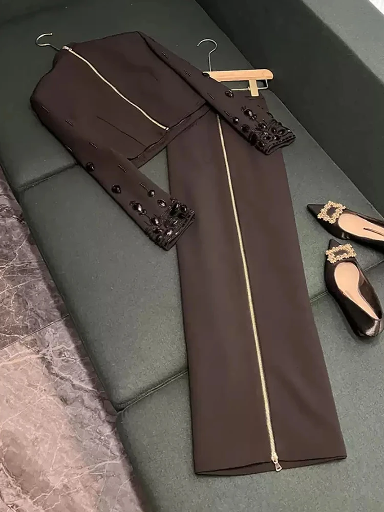 TWOTWINSTYLE High Street Two Piece Set For Women Stand Collar Long Sleeve Spliced Zipper Tops A Line Skirt Set Female KSE504167