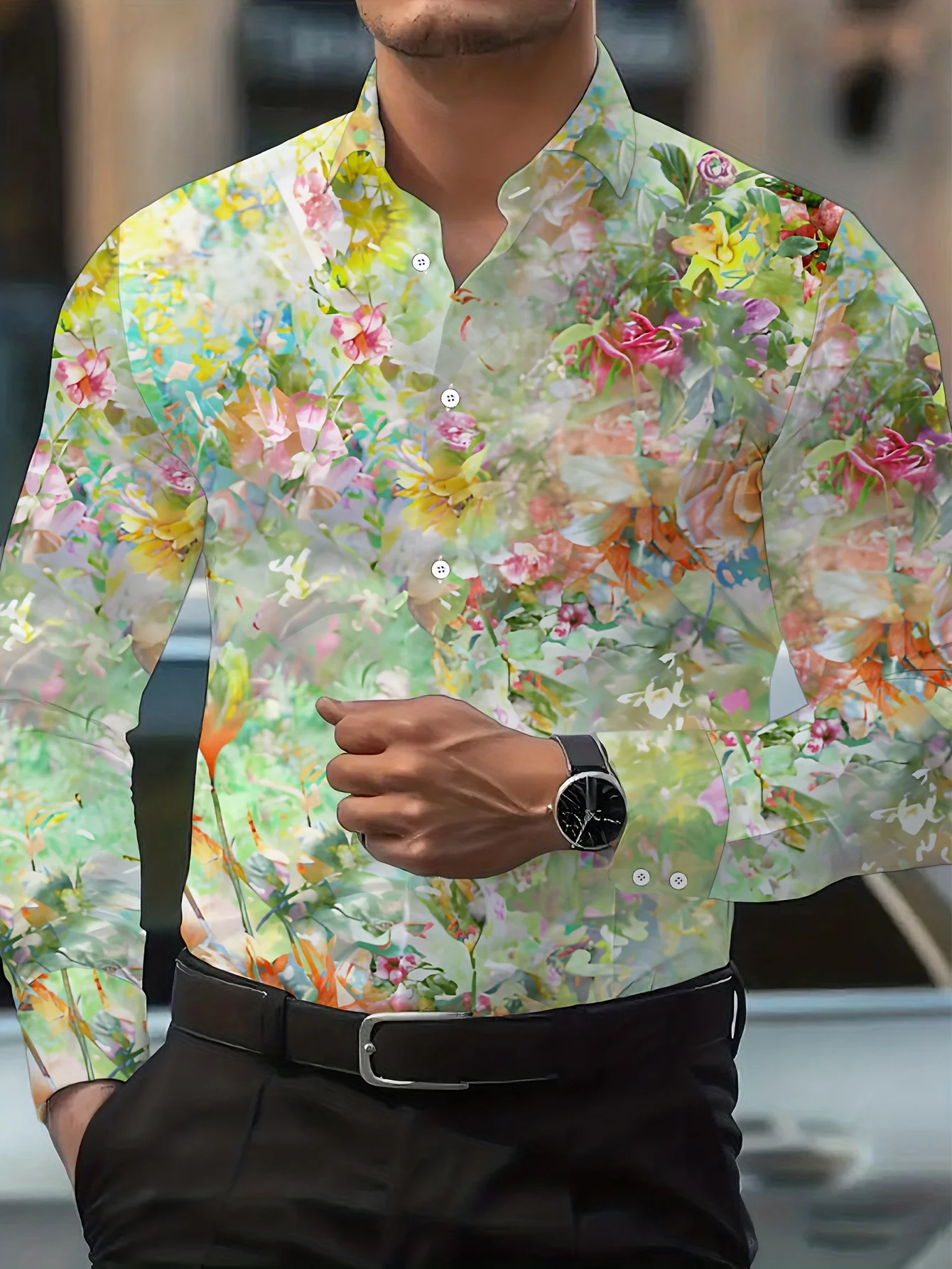Art Style Men Lapel Collar Shirt Soft Pastel Blooming Flower Leaf Print Polyester Long-Sleeve Blouse
