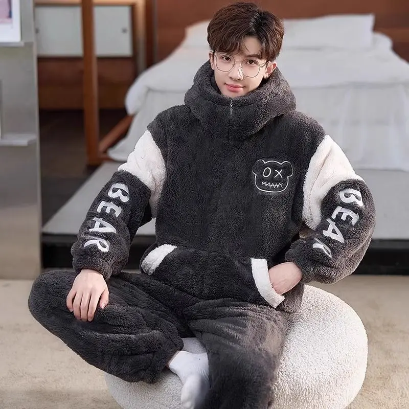 

Pajamas Male Coral Fleece Autumn and Winter Intensification Fleecing Teenager Pupil Flannel Warm Loungewear Set Men Pajamas