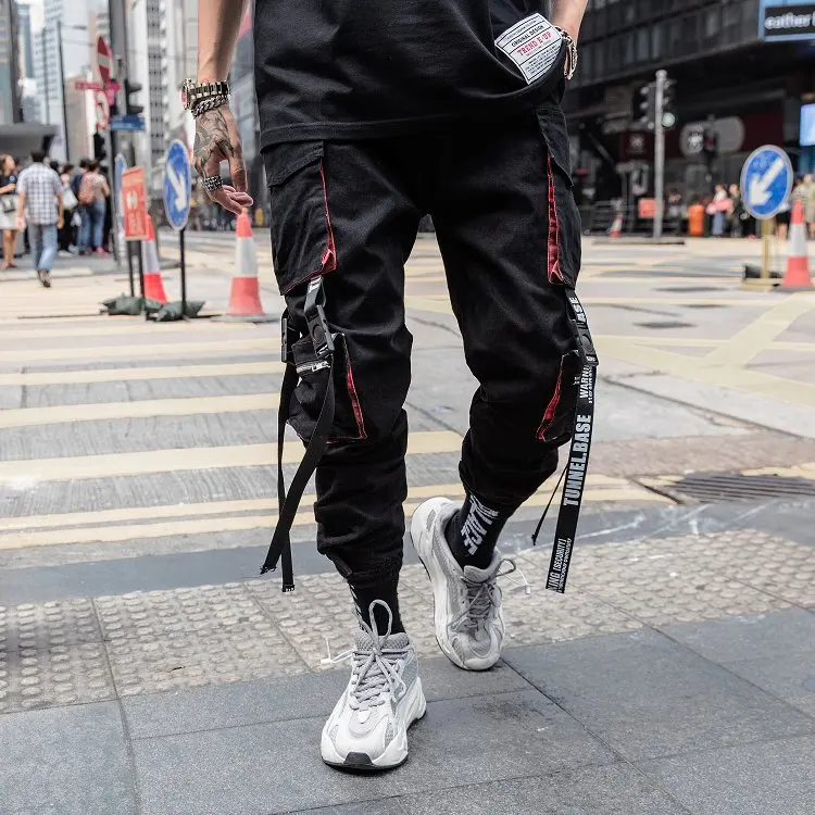 Classic Streetwear Hip Hop Joggers Men Letter Ribbons Cargo Pants Pockets Track Tactical Casual Male Trousers Sweatpant K111