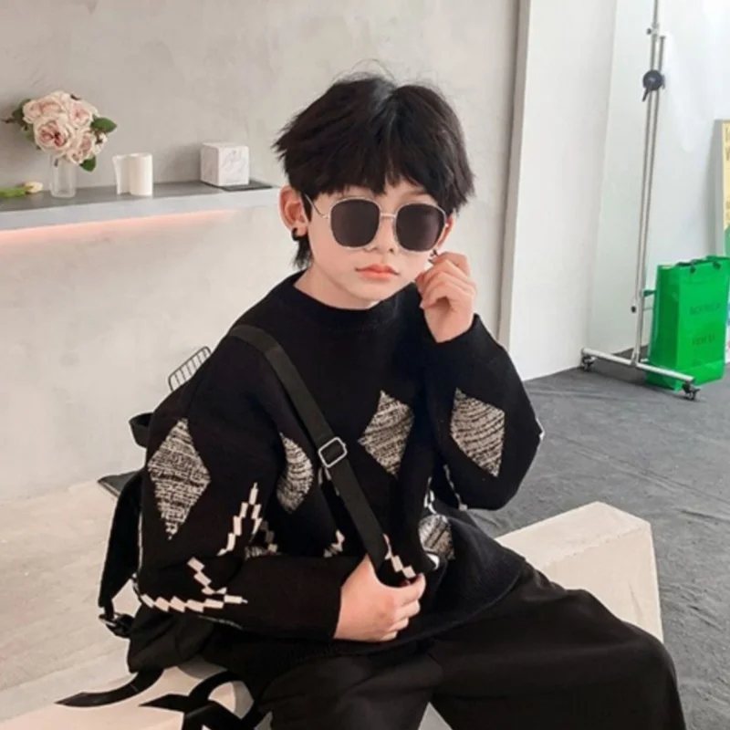 Boys Woolen Sweater Crochet Cotton Windbreak 2024 Fashion Plus Thicken Autumn Winter Outwear School Warm Children\'s Clothing