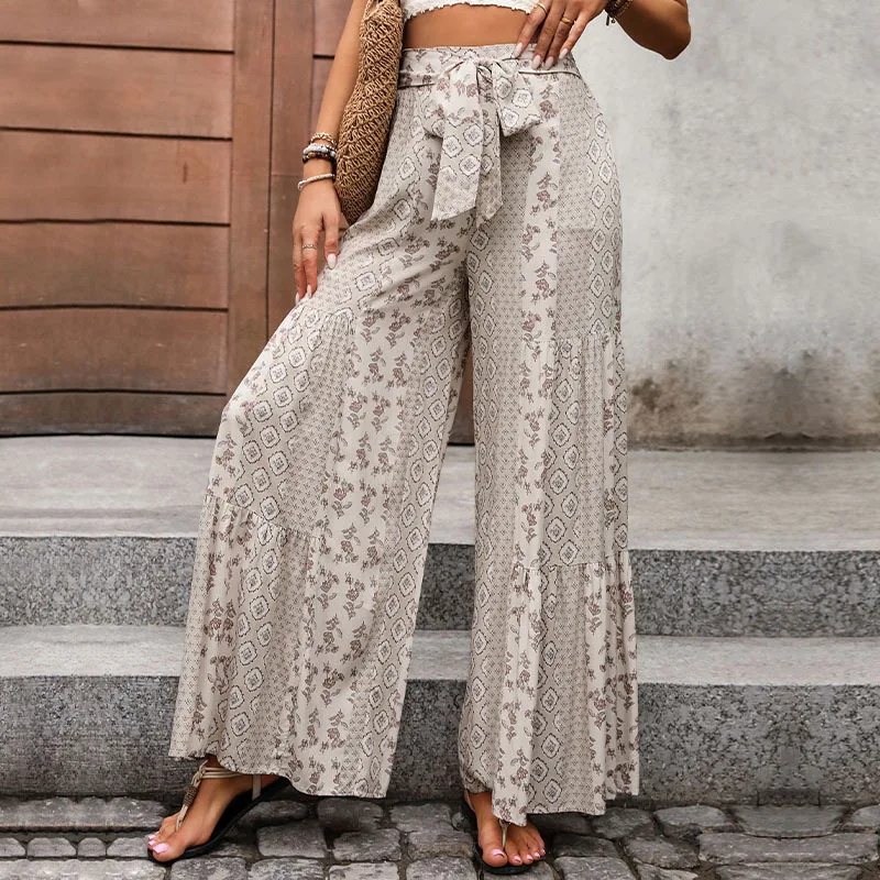 2025, Sommerhose mit hoher Taille, weitem Bein, Spitze, Spleißstil, lässige Hose mit weitem Bein