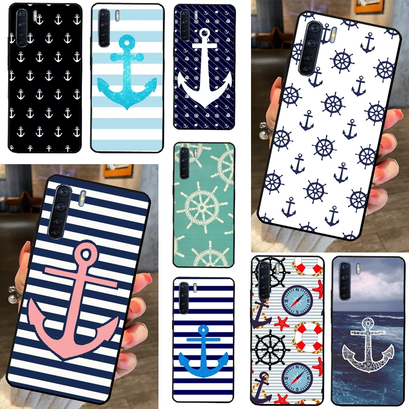 Stripes Anchor Boat Ship Wheel For OPPO A53 A31 A5 A9 A15 A16 A17 A57S A77 A76 A96 A94 A74 A54 A52 A72 A91 A93 Case Cover