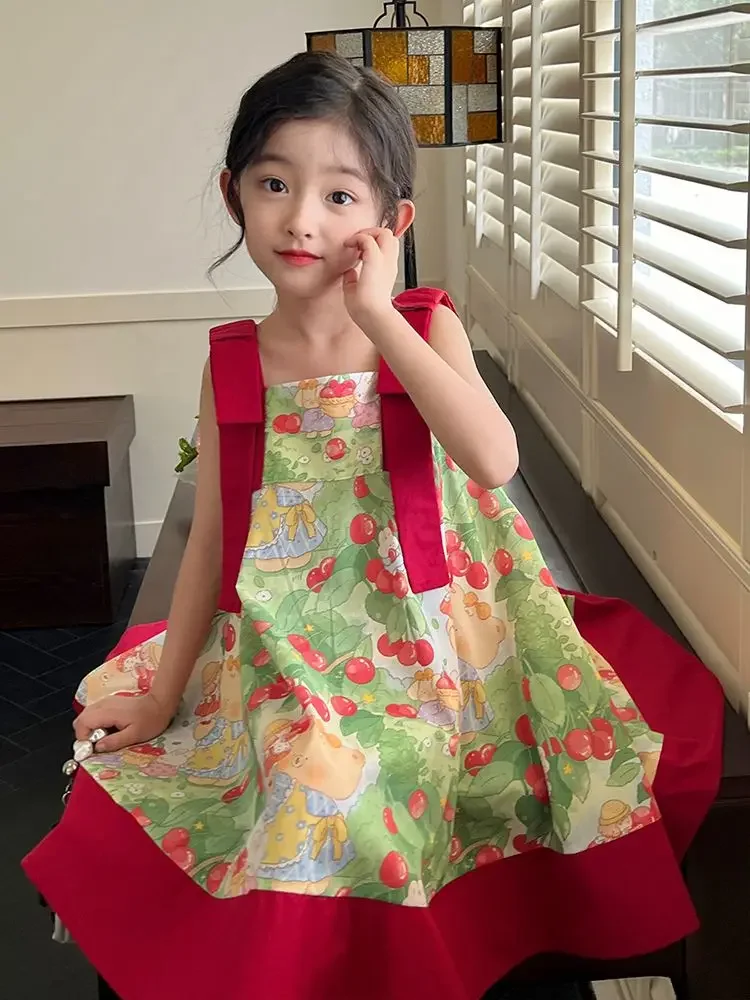 

Kids Baby Girls Princess Clothes Summer Children Sweet Floral Red A-Line Gauze Sundress knee-high Elegance Skirts Beach Clothes