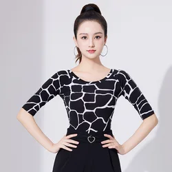 Fashion Female Latin Dance Tops Printing Patchwork Long or Short Sleeve Ballroom Dance Tops Cha Cha Samba Stage Peformance M-4XL