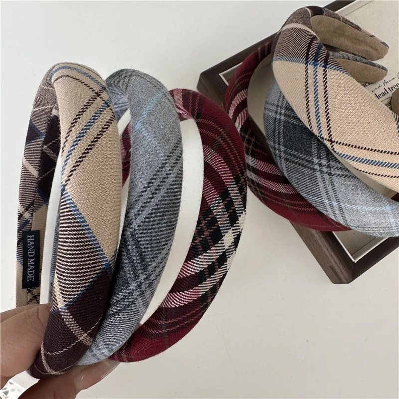 2/3CM Women Vintage Plaid Fabric Headband Girls Sponge Padded Hairband Retro Lattice Head Hoop Accessories