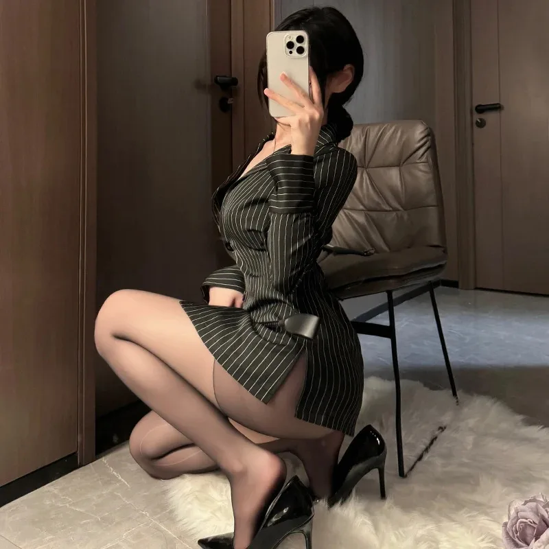 25COSOffice Lady Cosplay Open Bra Role Play Lingerie Costumes Sexy Striped Shirt Office Lady Roleplay Uniform Shirt OL Secretary