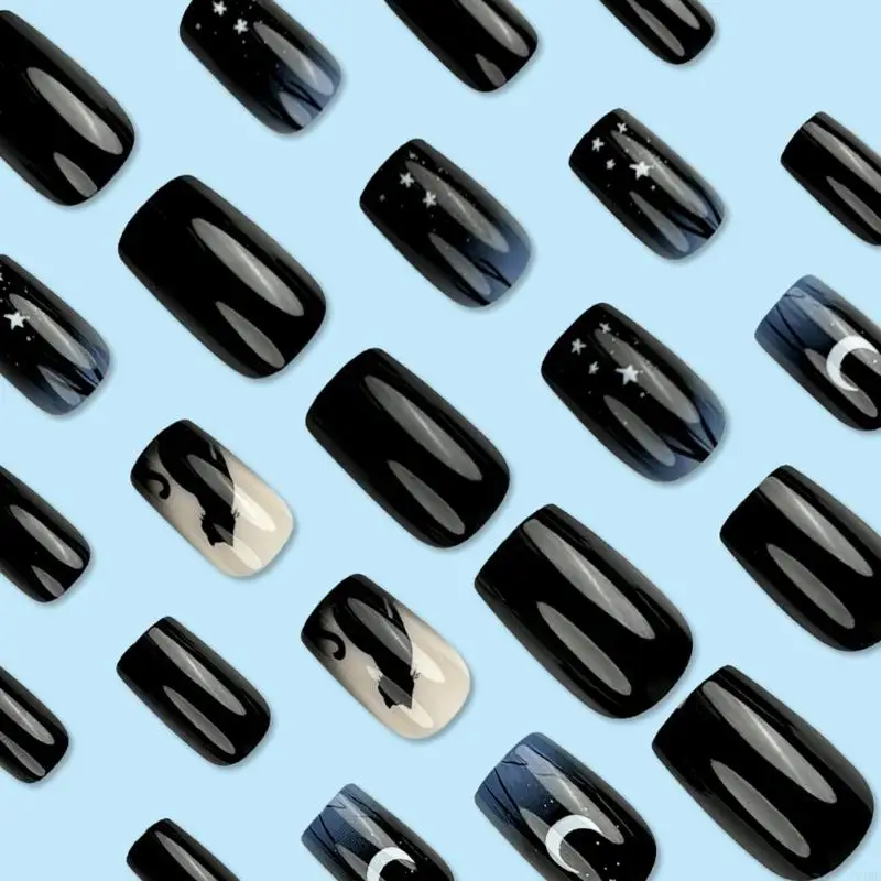 24 PCs schwarze Katzen kleben auf Nagelverlauf künstlicher Nagelmond und Sterne falsche Nagelglanzpresse auf Nagel für Frau T4MB