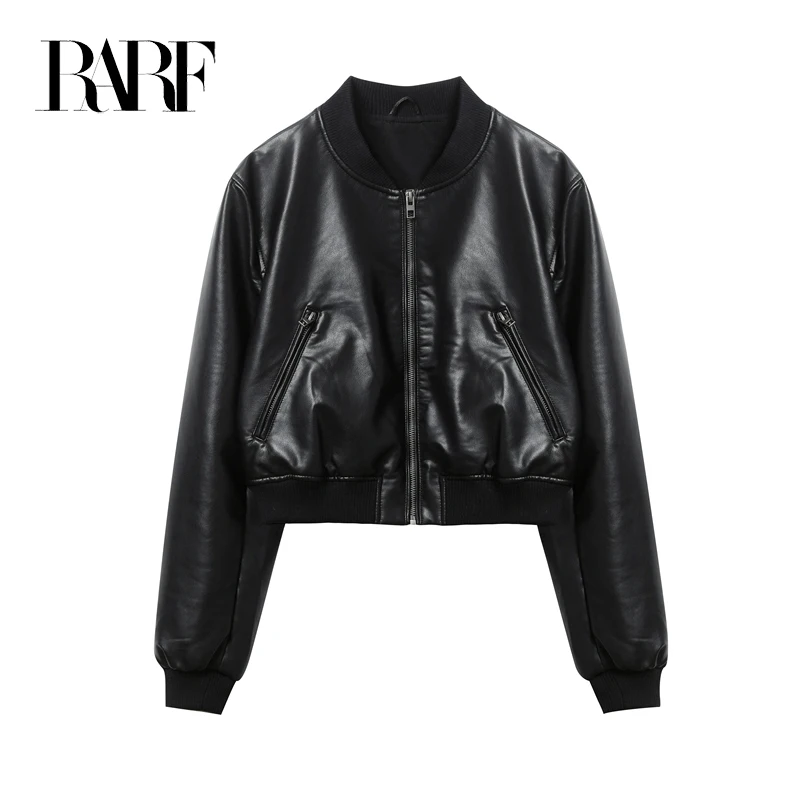 RARF Women's 2024 new Pure black vintage imitation leather bomber jacket coat top women's style