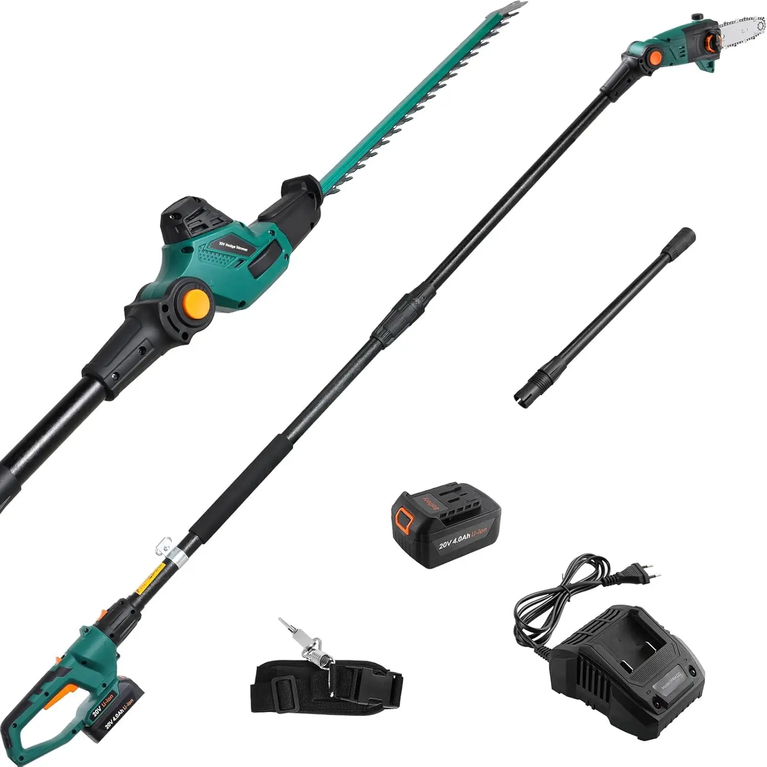 2-in-1 Cordless Telescopic Hedge Trimmer & Pole Pruner, Cordless Multi-garden Tool,20V 4.0Ah Li-Ion Battery/Charger, Multi-angle